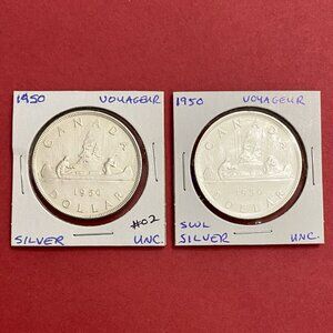 Unique Pair of 1950 Canada Uncirculated $1 Silver Dollar Coins!